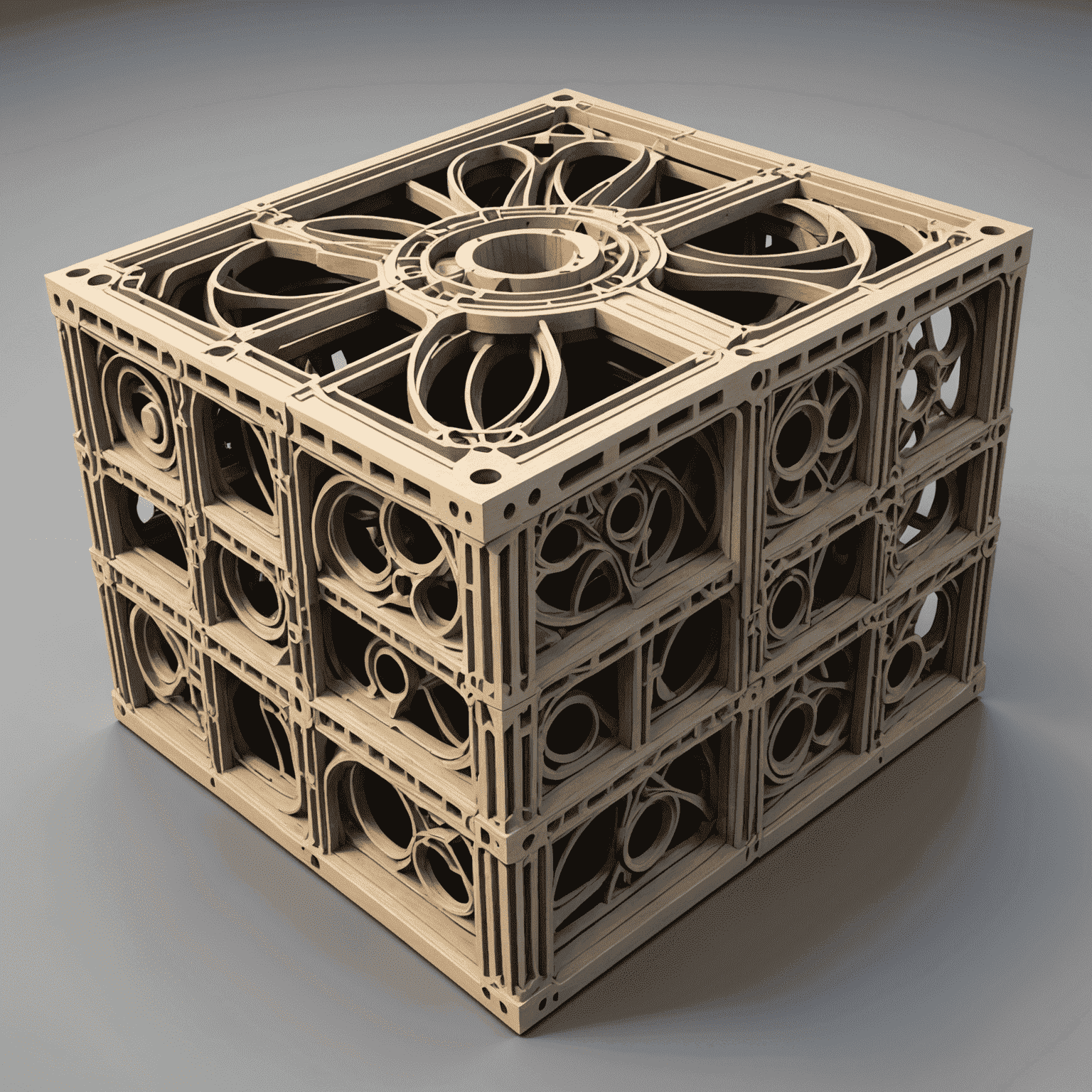 A complex 3D model showcasing advanced FreeCAD techniques, including parametric design and intricate geometric shapes