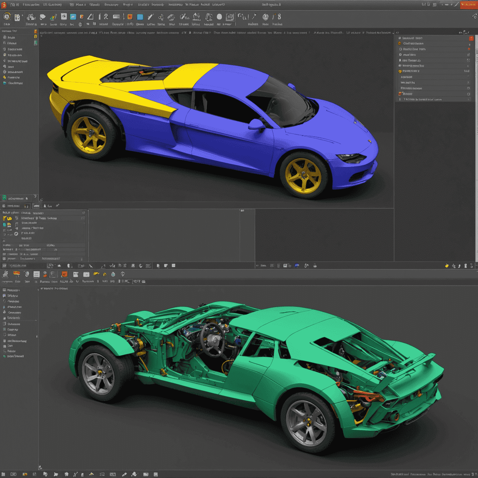 Split screen comparison of FreeCAD and AutoCAD interfaces, showing similar 3D models being created in both software