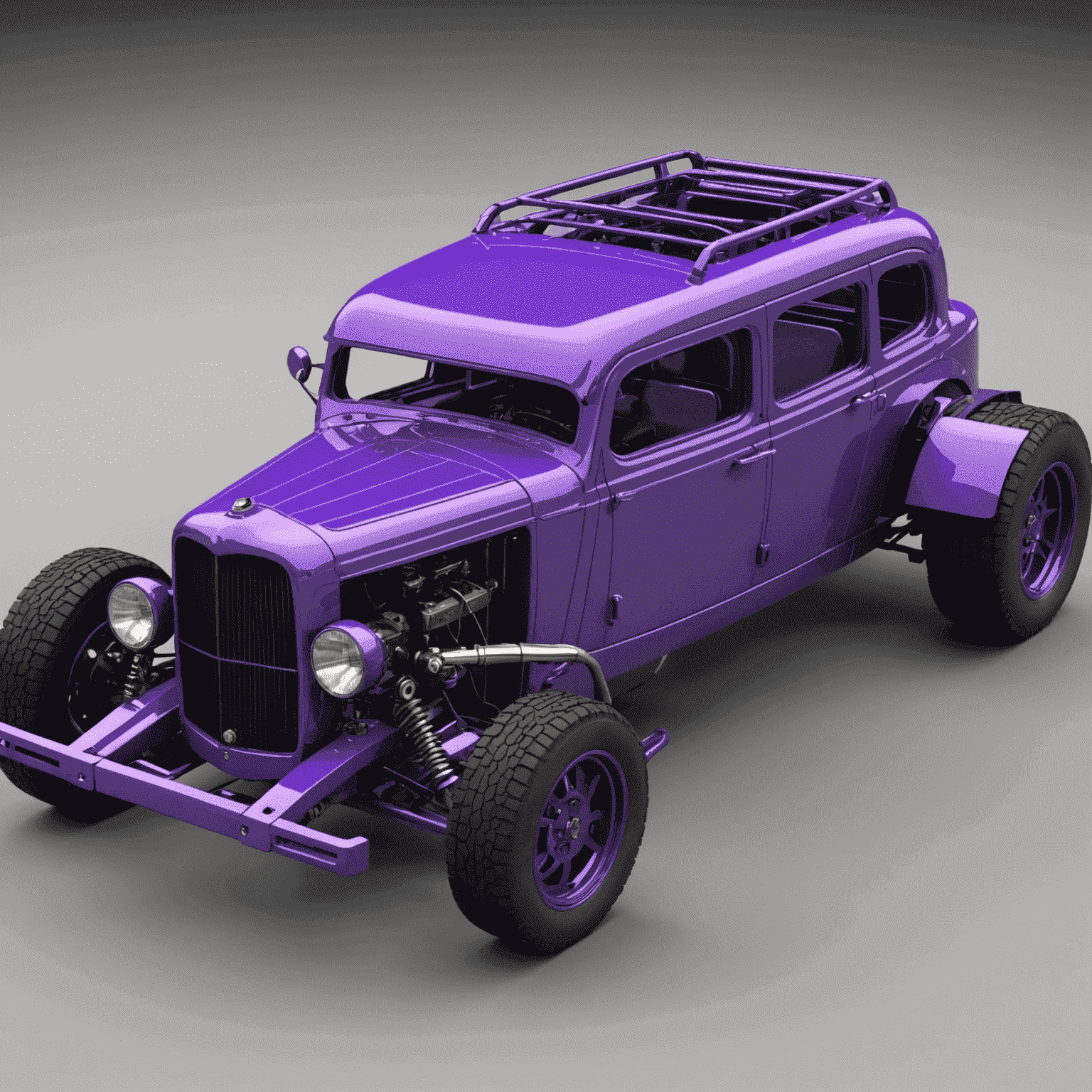 Complex 3D model showcasing advanced FreeCAD features, with neon purple highlights on key parts and parametric modeling interface visible.