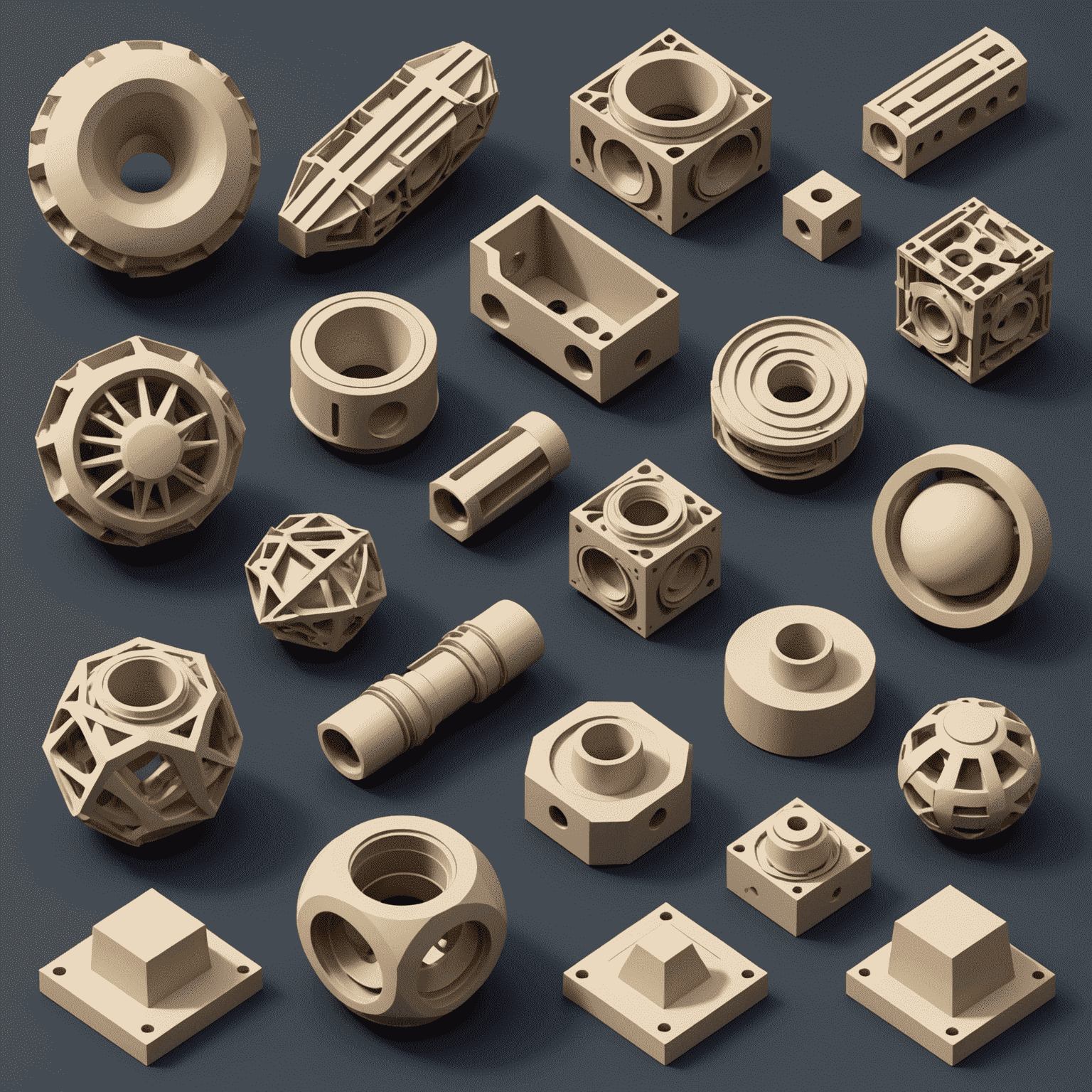 A series of complex 3D shapes created in FreeCAD, showcasing NURBS surfaces, boolean operations, and swept profiles