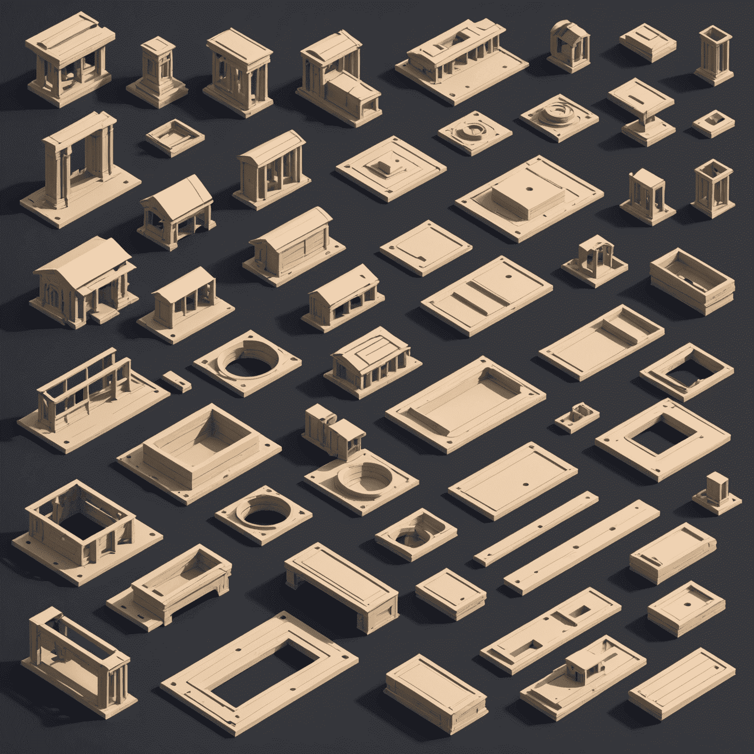 A collection of custom-designed architectural elements created in FreeCAD's Part Design Workbench, including unique fixtures and modern features