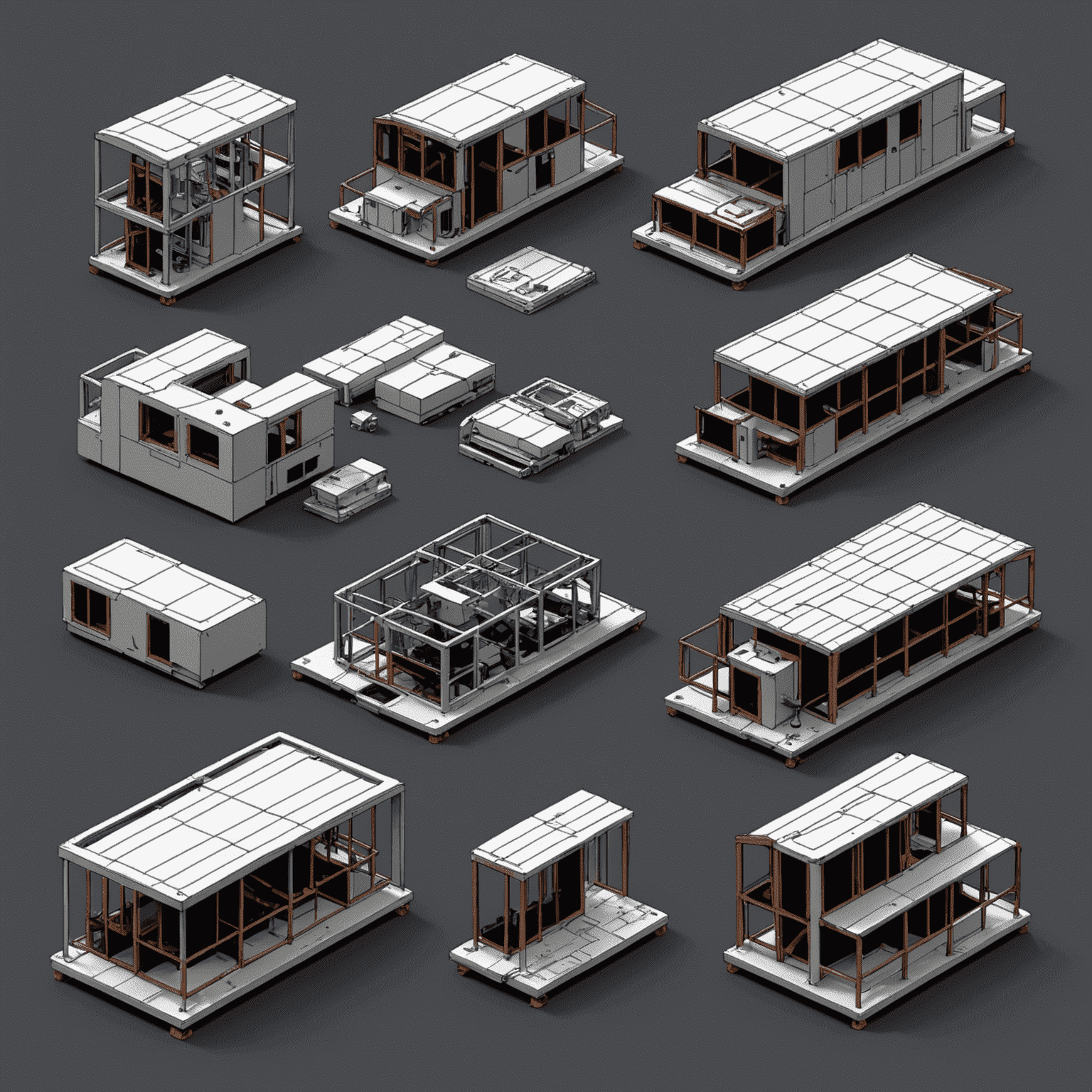 A step-by-step visual representation of a complex FreeCAD project, from initial sketch to final rendered model