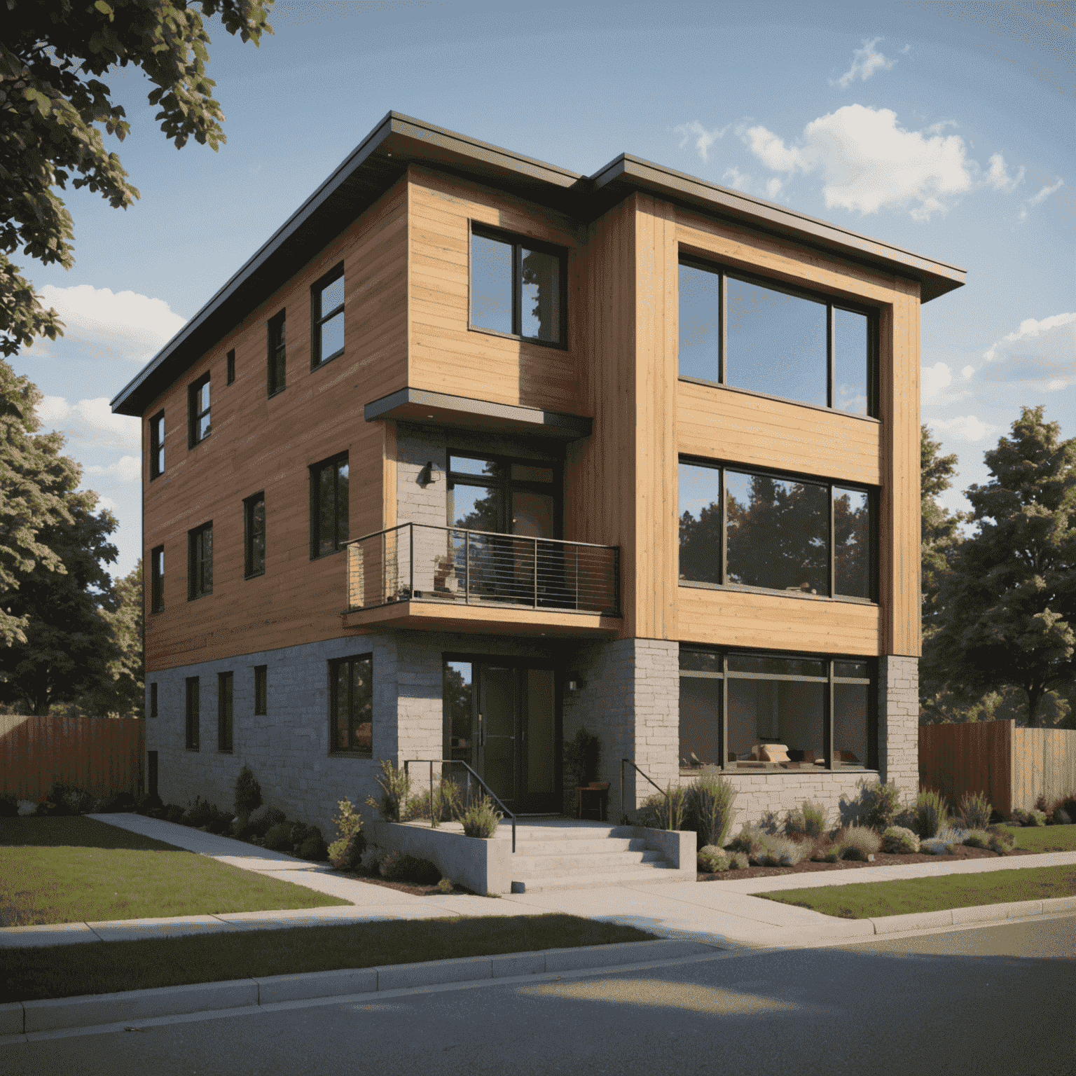 A high-quality architectural rendering created from a FreeCAD model, showcasing realistic materials, lighting, and environmental details